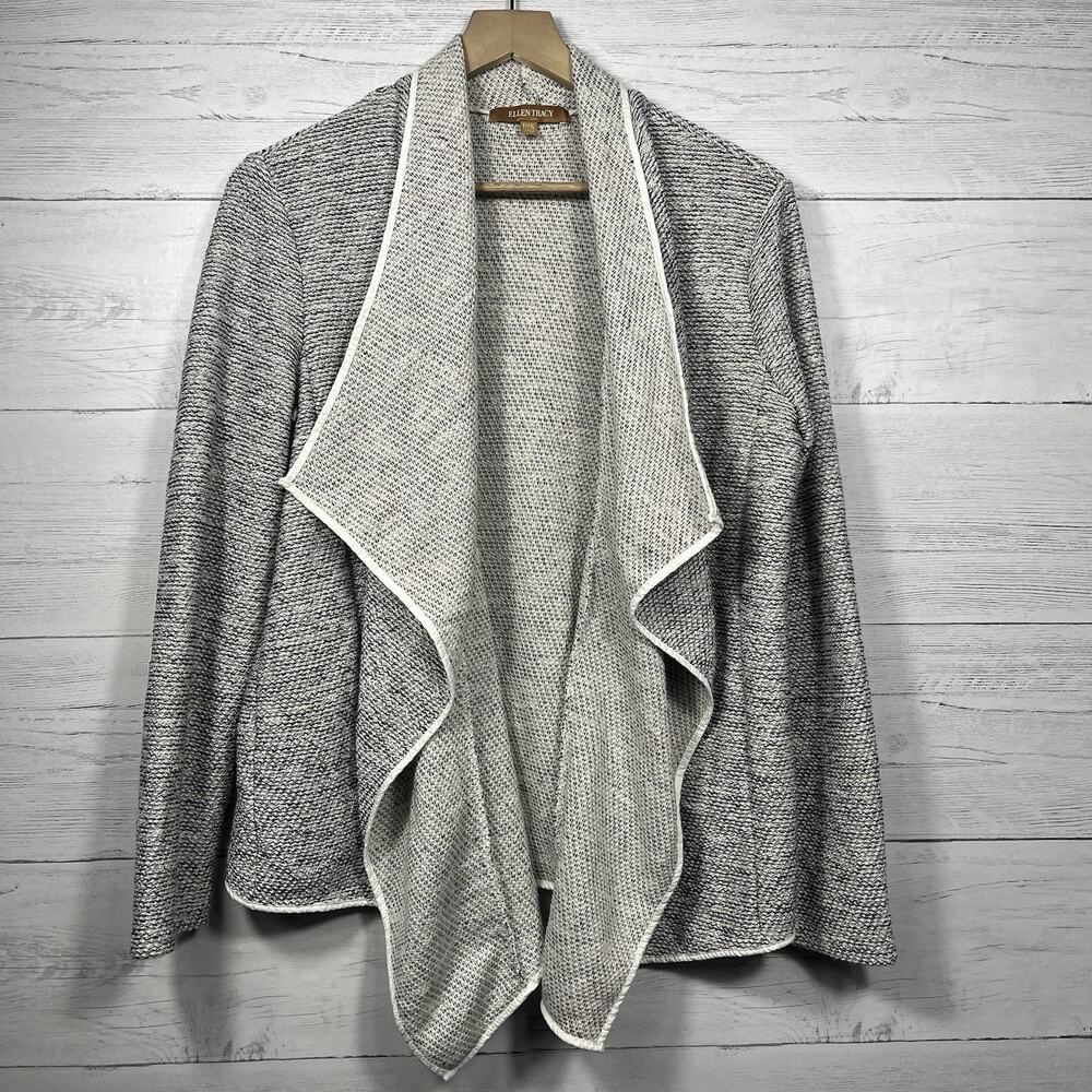 Ellen Tracy womens tweed metallic cardigan size P/S white black
